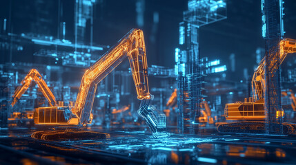 A glowing, AI-controlled construction site with futuristic machines building smart cities..