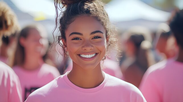 Pink, Embodying nurturing vibes in a gathering where everyone wears pink shirts to show support, selective focus charity event, ethereal, Fusion, open-air market backdrop