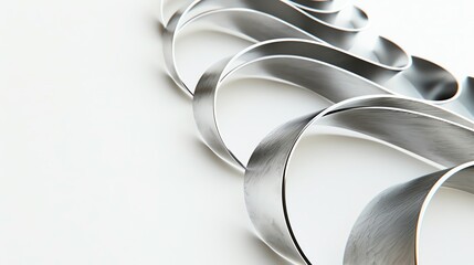 Abstract close-up of intertwined metal ribbons on a white background. Modern and sleek design element in a minimalist style.