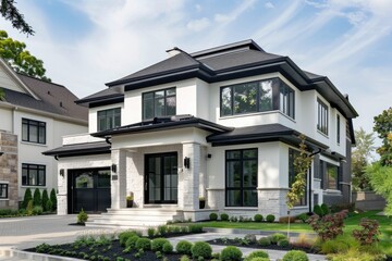 White Home Exterior. Contemporary Brick Building in Expensive Suburban Estate