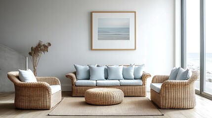A spacious beach house living room with a coastal-themed framed artwork, wicker furniture with soft blue cushions, natural wood flooring, large windows allowing sunlight and ocean views,