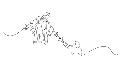 continuous line of God Jesus giving help.Sad people get Jesus' helping hand.Isolated white background