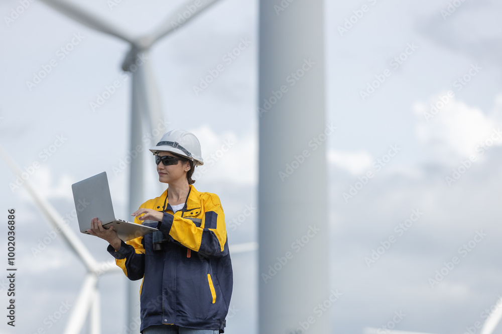 Aufkleber Female engineer wind turbine worker survey operational planning windmill clean renewable energy technology for future. Alternative technology protect environment reduce global warming problems.