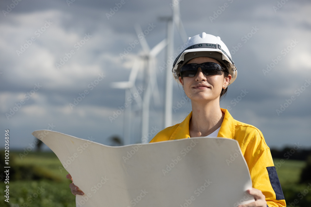 Poster Female engineer wind turbine worker survey operational planning windmill clean renewable energy technology for future. Alternative technology protect environment reduce global warming problems.