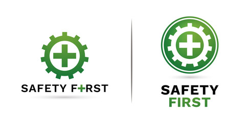 two models concepts Safety first icon Gear and plus signs green colors isolated on white backgrounds for label products company or corporate, User interface design, collages, decks and layout template