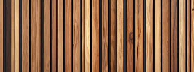 Naklejka premium Wooden wall made of vertical panels. Line slats made of wood for a modern interior. Timber planks for cladding facades or fences. Material for cladding in construction. 