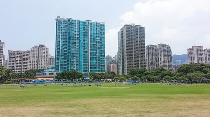 Obraz premium A large grassy park with a few people walking around. The park is located in front of a large city with tall buildings and a mountain in the background.