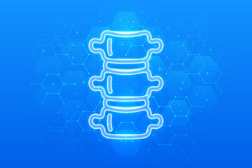 Spine icon. Spine health. Back pain spine treatment, Physiotherapy, Diagnostics concept. Molecular structure. Blue medical background with hexagons. Vector illustration