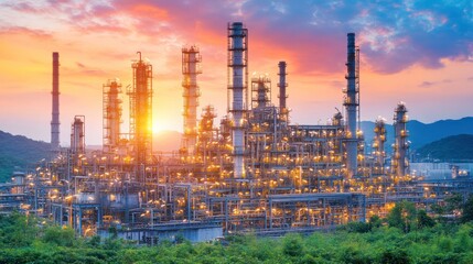 A large industrial refinery with smokestacks at sunset with hills in the background.