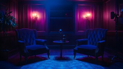 Gothic podcast studio with dark velvet chairs and vintage microphones, illuminated by flickering candlelight. The moody ambiance includes rich textures, shadows, and a mysterious backdrop 