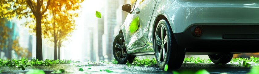 Obraz premium Eco Friendly Car Driving Through Green Nature