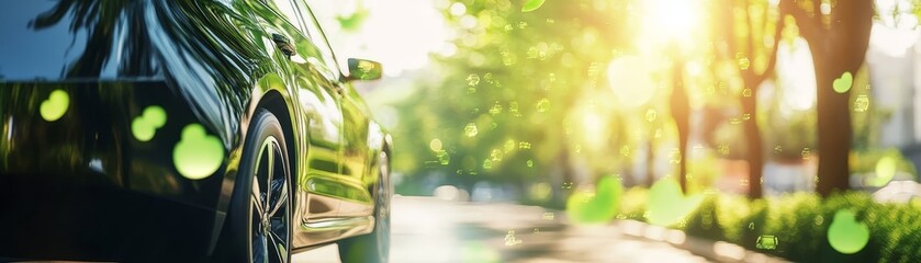 Fototapeta premium Black Car on Sunny Day with Green Bokeh Background