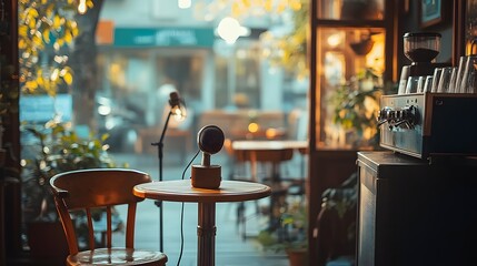 Intimate podcast setup in a cafe corner, retro cafe chairs, handheld mics on a small wooden table, soft light spilling over a coffee machine, warm ambiance