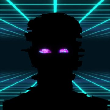 Glitch art. Glitch silhouette of man with noise glitchy eyes on blue laser grid background, seamless loop animation. Distorted portrait of man. Hacker concept, cybersecurity. Anonymous. 