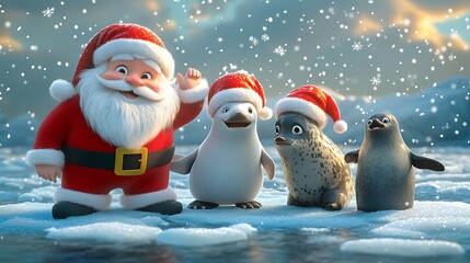 Fototapeta premium A cute cartoon of Santa Claus with a polar bear, penguin, and seal, all wearing Santa hats, standing on ice floes, snowflakes gently falling, bright holiday colors, playful expressions,