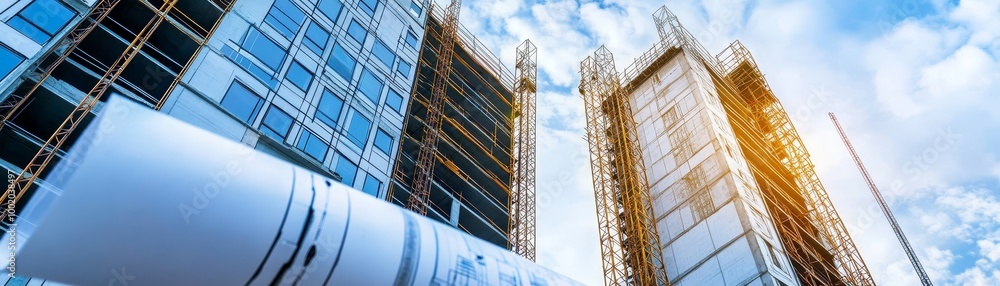 Poster construction site with blueprint and scaffolding