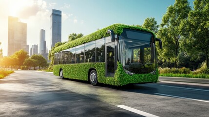 Obraz premium Green Bus Driving on City Street with Skyscrapers