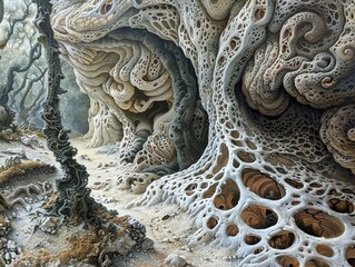 Surreal Landscape with Organic Shapes and Whimsical Patterns