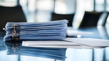 A desk with organized files and paperwork in a neat, clean office space, with minimal distractions, realistic photo