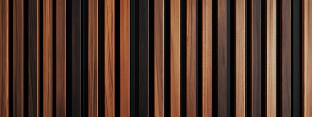 Obraz premium Wooden wall made of vertical panels. Line slats made of wood for a modern interior. Timber planks for cladding facades or fences. Material for cladding in construction. 