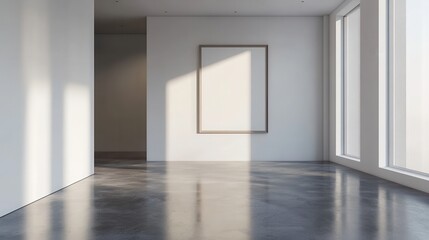 Mock up frame in a bare exhibition room with warm white walls and polished concrete floors, 3D render