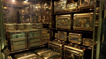 A safe filled with stacks of money and gold bars with