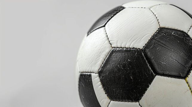 Close-up of a classic black and white soccer ball on a neutral background, showcasing the textured surface and hexagonal patterns.