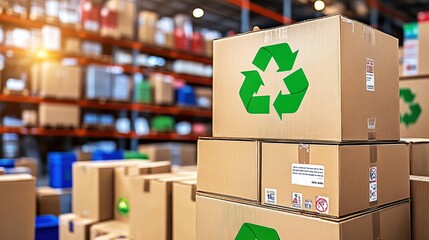 Stack of cardboard boxes in a warehouse with a green recycling symbol on the top box.