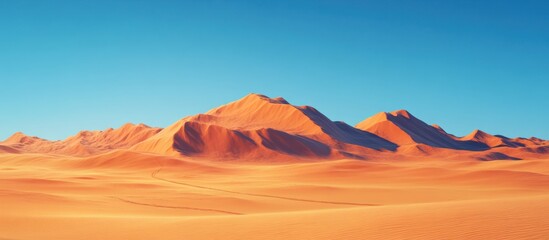 A panoramic view of a vast, orange desert with mountain ranges in the distance under a clear blue sky.