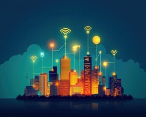 Smart city concept with 5G communication lines flowing between buildings