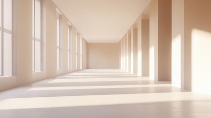 Mock up frame in a calm, empty exhibition hall with soft sand-colored walls and smooth white floors