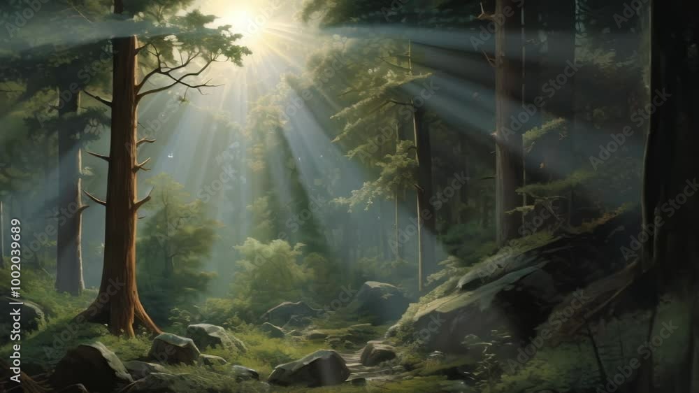 Poster Sunlight filters through trees in a green forest, warming a stream over rocks. The tranquil scene offers peace and serenity in nature. Explore the lush wilderness guided by sunbeams