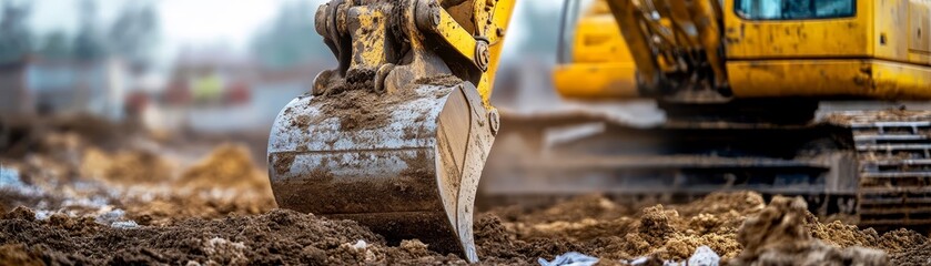 Fototapeta premium Excavator Bucket Digging Dirt Close Up Construction Site