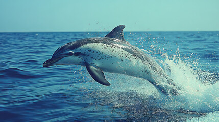 Fototapeta premium A spotted dolphin leaps out of the water, creating a splash.