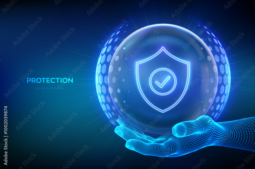 Poster protection. cyber security. network safety. healthcare. insurance. protection shield with check mark