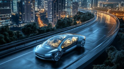 Futuristic Electric Car Driving on City Overpass at Night