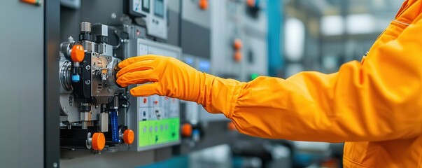 Worker wearing protective gloves while operating machinery, demonstrating proper safety precautions in a manufacturing setting