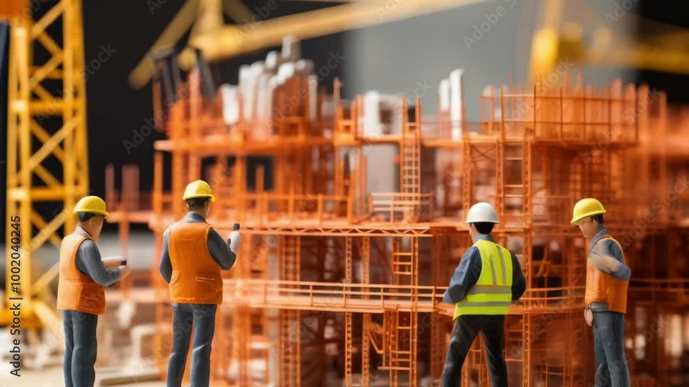 Poster construction workers inspecting a building project with cranes in the background, symbolizing teamwo