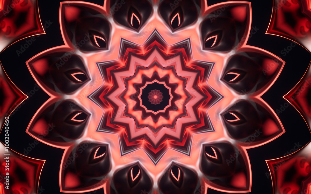 Poster abstract glowing neon kaleidoscope pattern, 3d rendering.