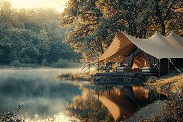 Fototapeta premium A serene lakeside glamping setup surrounded by trees, reflecting nature's beauty and offering a peaceful retreat.