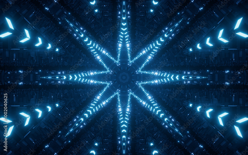 Poster abstract glowing neon kaleidoscope pattern, 3d rendering.