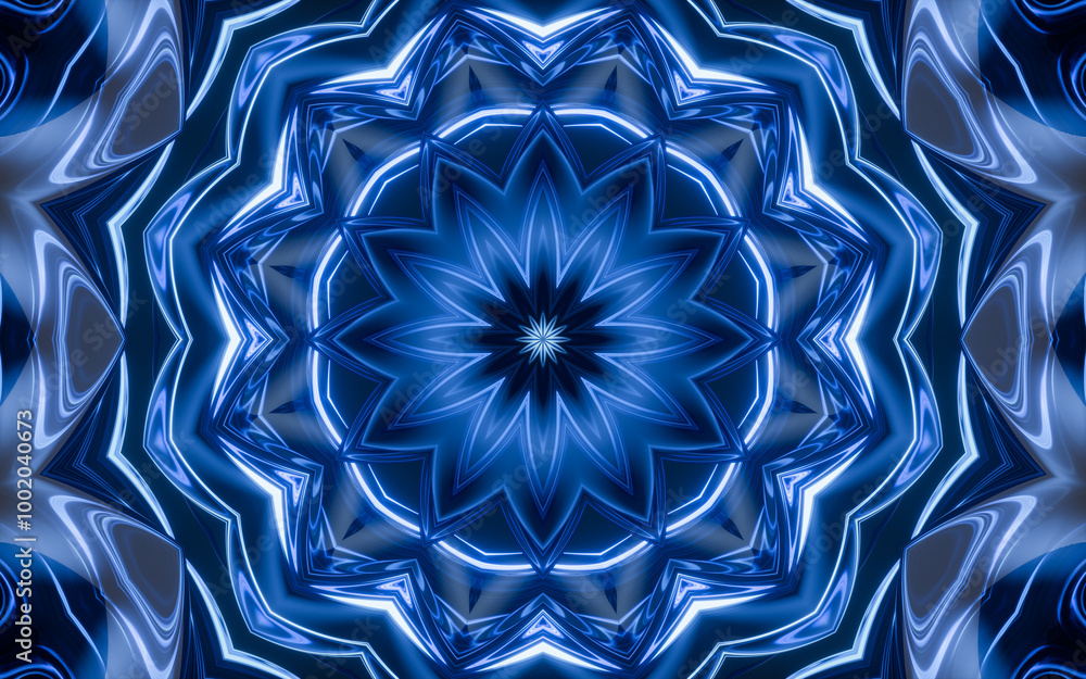 Poster abstract glowing neon kaleidoscope pattern, 3d rendering.