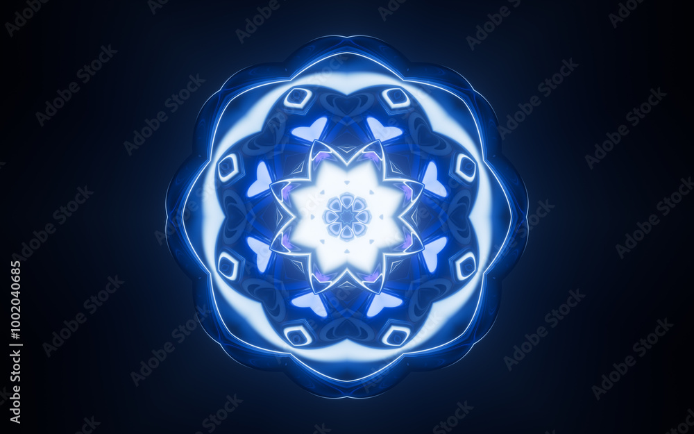Poster abstract glowing neon kaleidoscope pattern, 3d rendering.