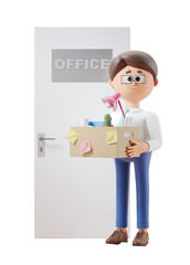 Cartoon character holding a box with office items standing near a door with OFFICE sign, isolated on white background. 3D Rendering