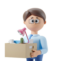 Cartoon character holding a box with office supplies, including a lamp and plant, on an isolated white background. 3D Rendering
