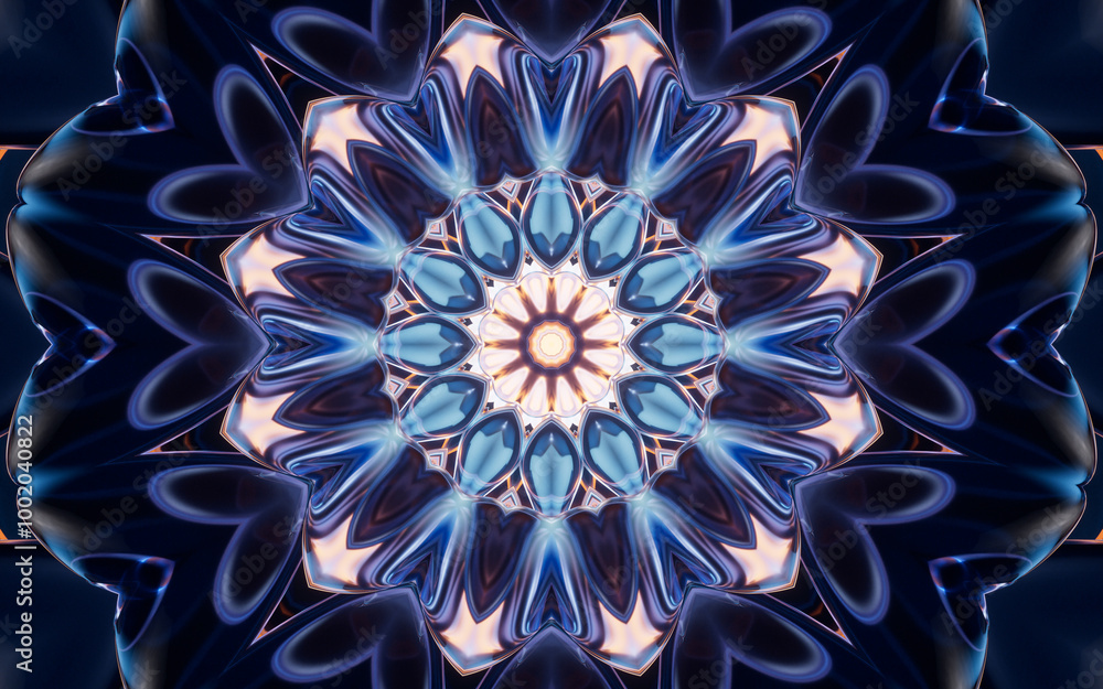 Wall mural Abstract glowing neon kaleidoscope pattern, 3d rendering.