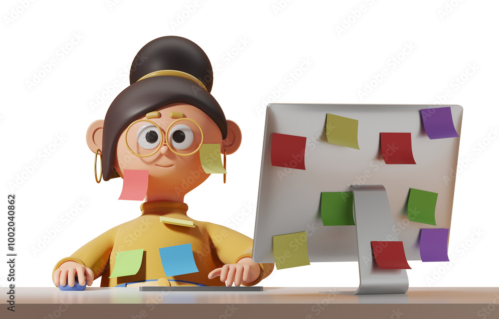 Poster cartoon character with sticky notes on computer, 3d rendering, isolated on white background. concept