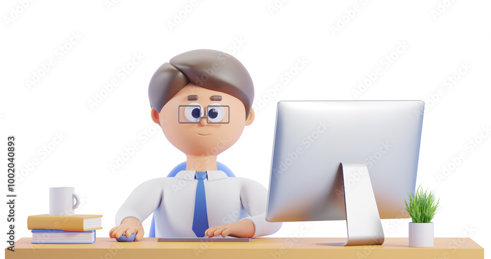 Poster cartoon character in glasses and tie working on computer at desk, isolated on white background. conc
