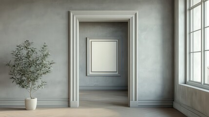 Mock up frame in a spacious, empty secret room with soft grey walls and a hidden compartment, 3D render 