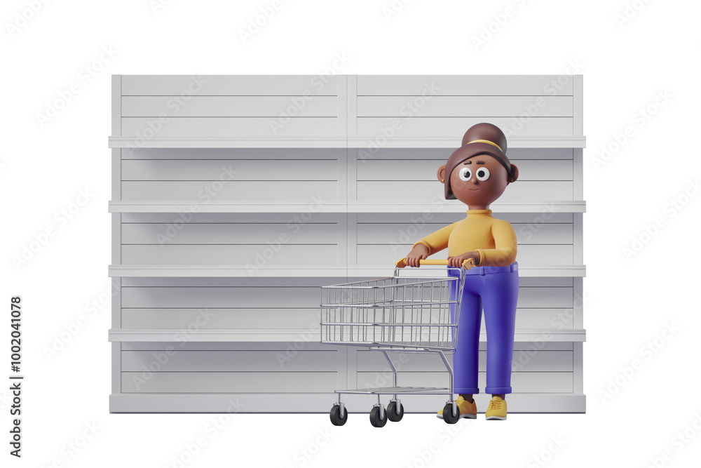 Poster cartoon character with a shopping cart stands in front of empty shelves, isolated on a white backgro